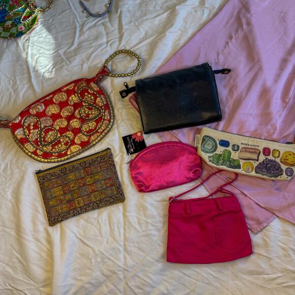 Maximalist Clutch & Pouch Lot | 7-Piece Y2K Silk Red Gold & Neon Pink Bundle - Picture 2 of 6